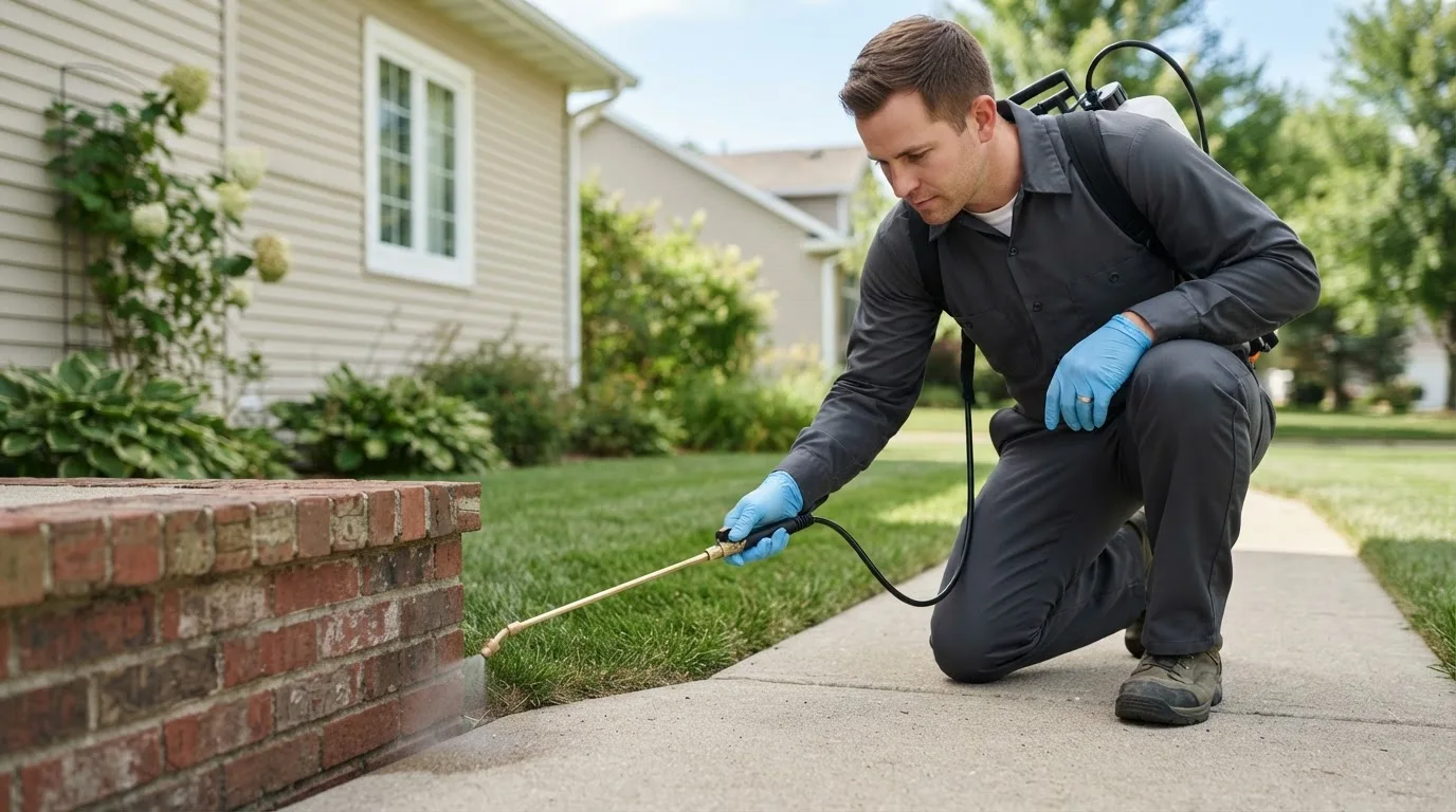 Pest control technician treating a home near Cazenovia, WI